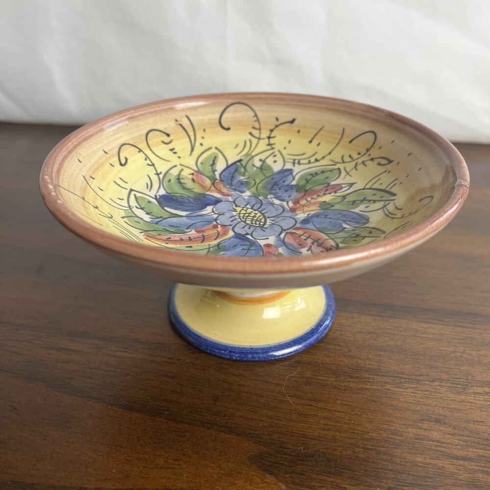 Small Pottery Trinket Jewelry Candy Decorative Pedestal Bowl Floral Blue Yellow